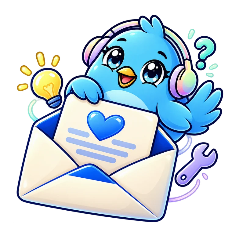 PikuZen bird peeking out of an envelope with a heart letter
