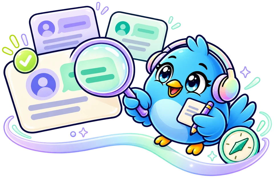 PikuZen bird with a magnifying glass finding relevant conversations