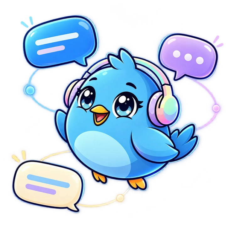 PikuZen mascot: a blue bird with headphones surrounded by chat bubbles