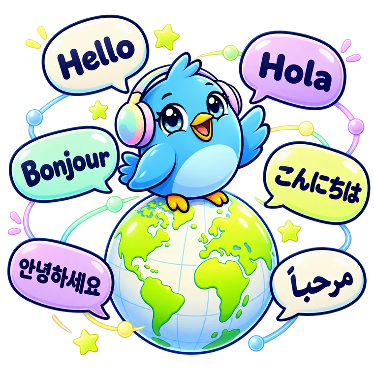 PikuZen bird sitting on a globe, greeting in six languages