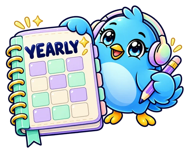 PikuZen bird holding a yearly planner