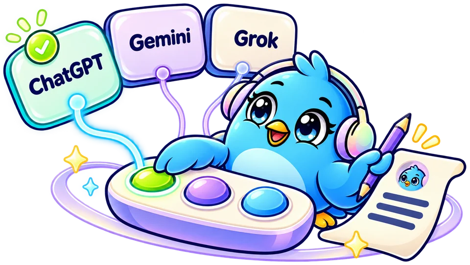 PikuZen bird choosing between ChatGPT, Gemini and Grok on a switch panel