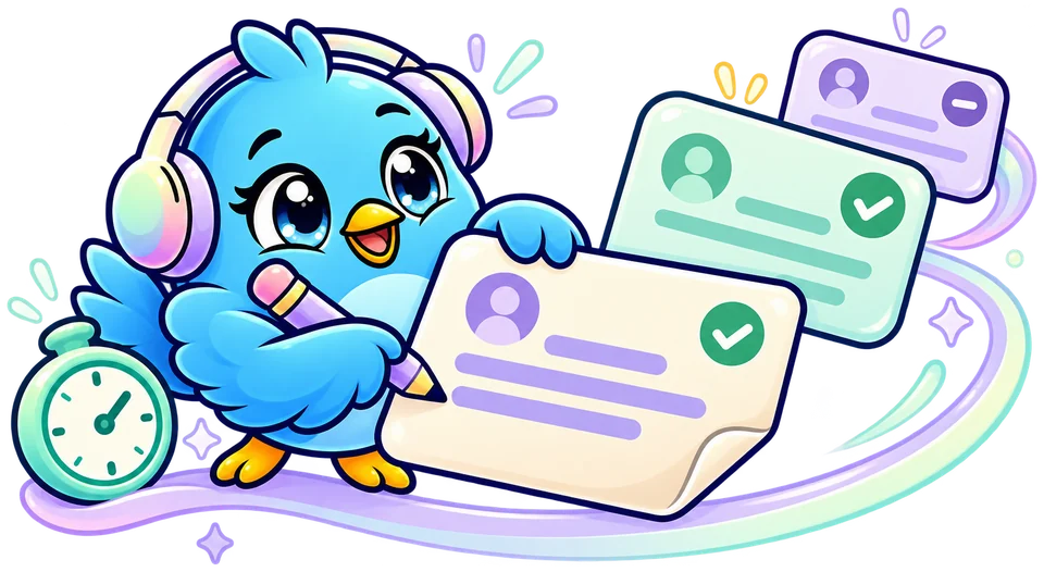 PikuZen bird reviewing a queue of comment drafts with a stopwatch