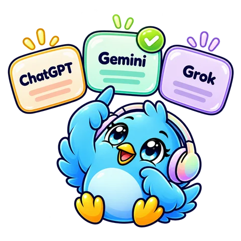 PikuZen bird choosing between ChatGPT, Gemini and Grok