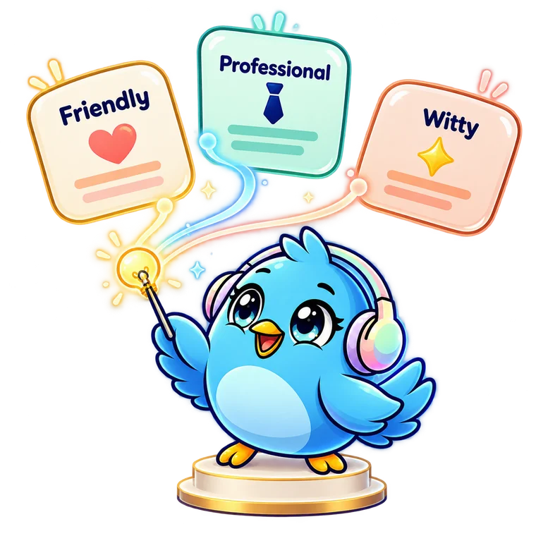 PikuZen bird conducting three writing styles: friendly, professional and witty